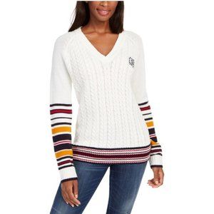 Tommy Hilfiger Sweater Ivory V-Neck Varsity Cable Knit Pullover Size L MSRP $79